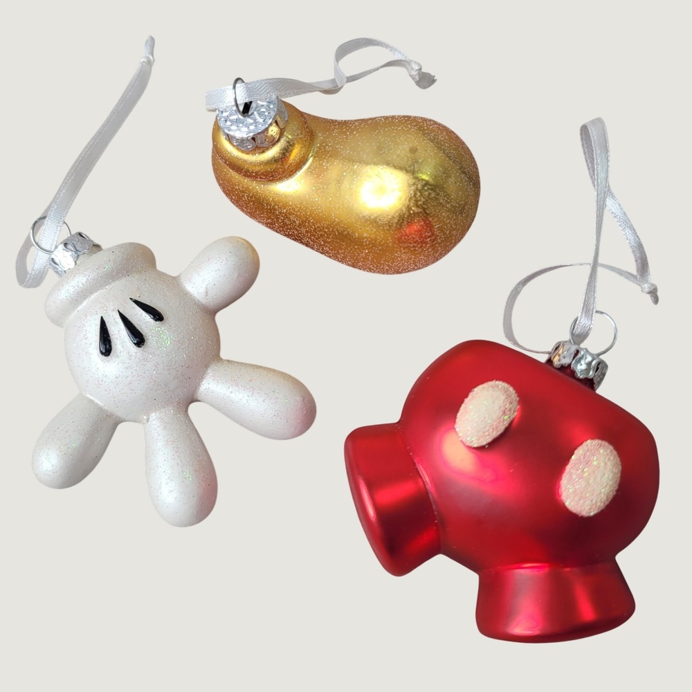 Disney Mickey Mouse Glove Shorts Shoe Glass Christmas Ornaments Set 3 Red Gold
